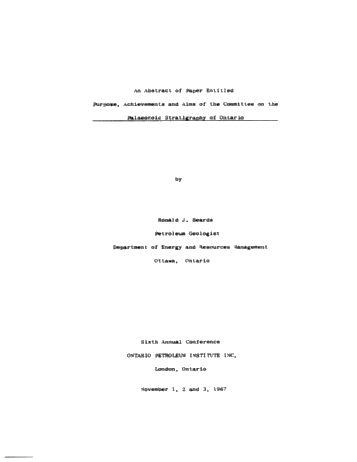 The Purpose, Aims and Achievements of the Committee on the Paleozoic Stratigraphy of Ontario Page 1