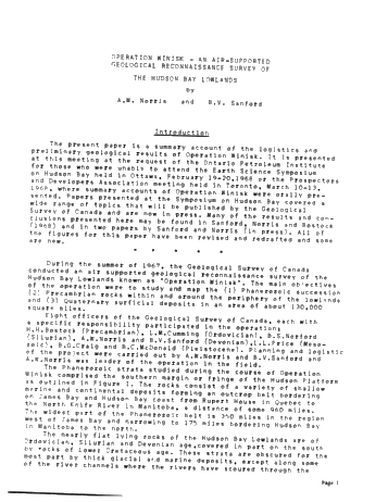 Operation Winisk, an Air Supported Geological Reconnaissance Survey of the Hudson Bay Lowlands Page 1
