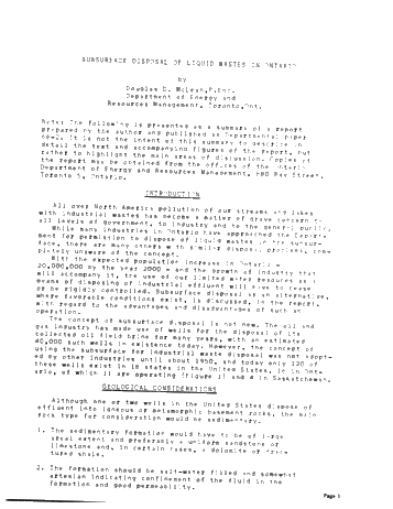 Subsurface Disposal of Liquid Wastes in Ontario Page 1
