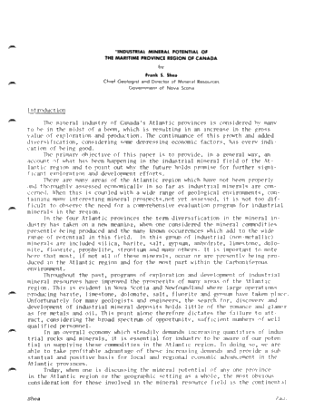 Industrial Mineral Potential in the Maritime Region of Canada Page 1