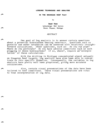Logging Techniques and Analysis in the Michigan Reef Play Page 1