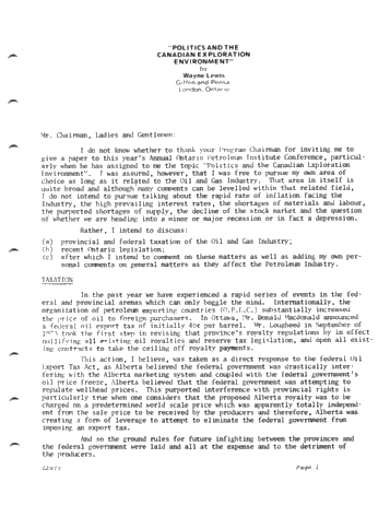 Politics and the Canadian Exploration Environment Page 1