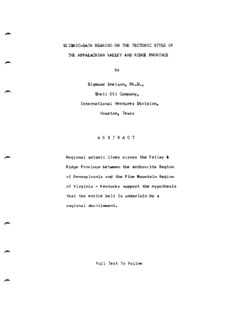 Seismic - Data Bearing on the Tectonic Style of the Appalachian Valley and Ridge Province Page 1