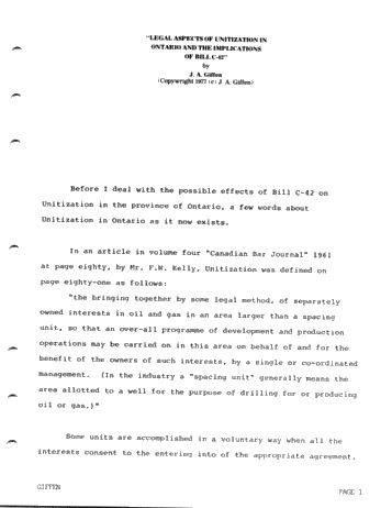 Legal Aspects of Unitization in Ontario and the Implications of Bill C-42 Page 1