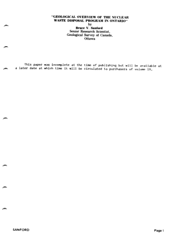Geological Overview of the Nuclear Waste Disposal Program in Ontario Page 1