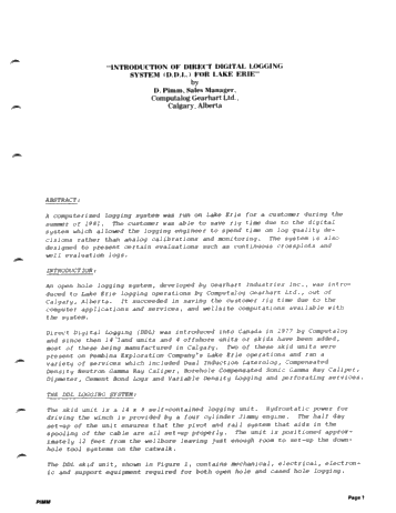 Introduction of Direct Digital Logging System (D.D.L.) for Lake Erie Page 1