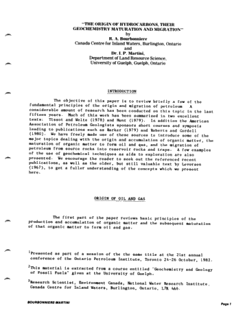 Part One - Geochemical Character and Origin of Ontario Oils and Natural Gases Page 1