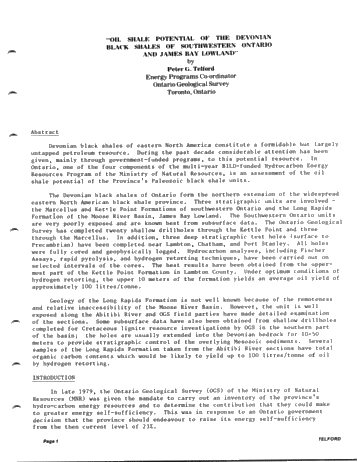 Oil Shale Potential of the Devonian Black Shales of Southwestern Ontario and James Bay Lowlands Page 1