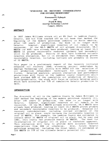 Enhanced Oil Recovery Considerations for Ontario Reservoirs Page 1