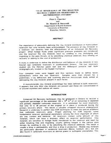 Clay Mineralogy of Two Selected Silurian Carbonate Reservoirs in Southwestern Ontario Page 1