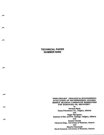 Preliminary Geological/Engineering Evaluation of Southwestern Ontario Middle Silurian Carbonate Reservoirs For Enhanced Oil Recovery Page 1