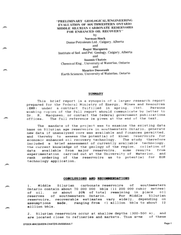 Preliminary Geological/Engineering Evaluation of Southwestern Ontario Middle Silurian Carbonate Reservoirs For Enhanced Oil Recovery Page 1