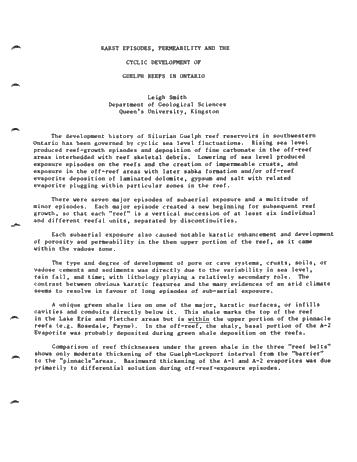 Karst Episodes, Permeability and Cyclic Development of Guelph Reefs in Ontario Page 1