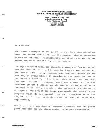 Valuing Petroleum Assets Under Current Market Conditions Page 1