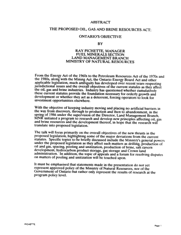 The Proposed Oil, Gas and Brine Resources Act: Ontario Objectives Page 1