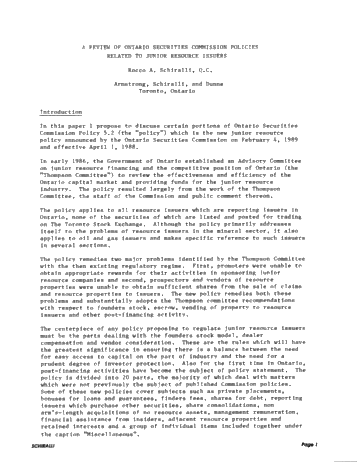 A Review of Ontario Securities Commission Policies Related to Junior Resource Issuers Page 1