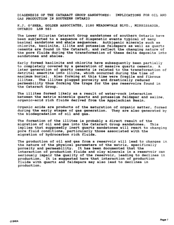 Diagenesis of the Cataract Group Sandstones: Implications for Oil and Gas Production in Southern Ontario Page 1