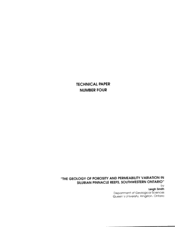 The Geology of Porosity and Permeability Variation in Siluran Pinnacle Reefs, Southwestern Ont. Page 1