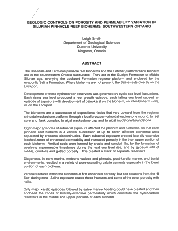 The Geology of Porosity and Permeability Variation in Siluran Pinnacle Reefs, Southwestern Ont. Page 1