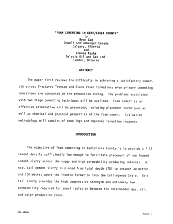 Foam Cementing Across Fractured Ordovician Formations in Kent/Essex County Page 1