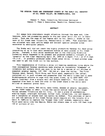 The Opening Years and Subsequent Events of the Early Oil Industry in Oil Creek Valley, N.W. Pennsylvania, U.S.A. Page 1