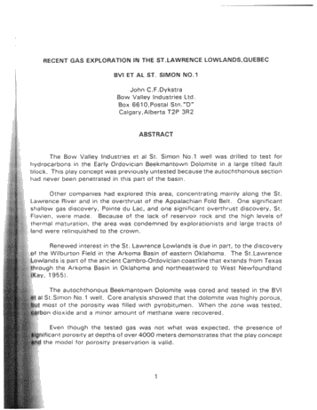 Recent Gas Exploration in the St. Lawrence Lowlands, Quebec: BVI et al St. Simon No. 1 Page 1