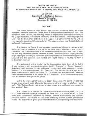 The Salina Group: Salt Solution and the Algonquin Arch: Relation to Reservoir Porosity, Salt Caverns and Industrial Minerals Page 1