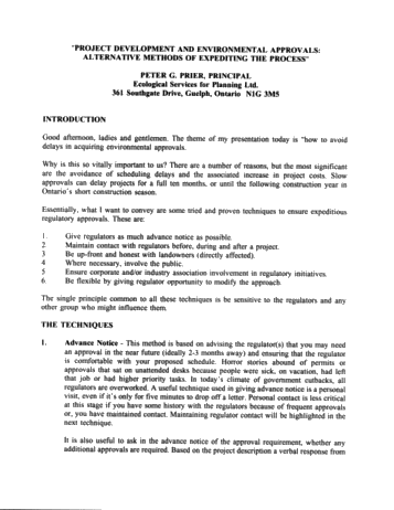 Project Development and Environmental Approvals, Alternative Methods of Expediting the Process Page 1