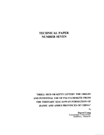 Drill Mud or Kitty Litter? The Origin and Potential Use of Palygorskite From the Tertiary Xiacaowan Formation of Jiansu and Anhui Provinces of China Page 1