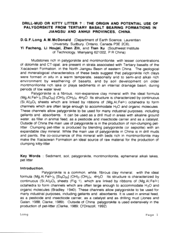 Drill Mud or Kitty Litter? The Origin and Potential Use of Palygorskite From the Tertiary Xiacaowan Formation of Jiansu and Anhui Provinces of China Page 1