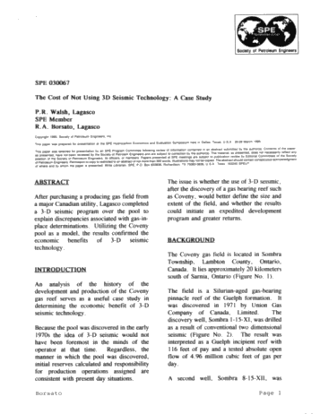 The Cost of Not Using 3D Seismic Technology: a Case Study Page 1