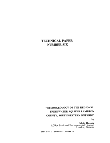 Hydrogeology of the Regional Freshwater Aquifer Lambton County, Southwestern Ontario Page 1