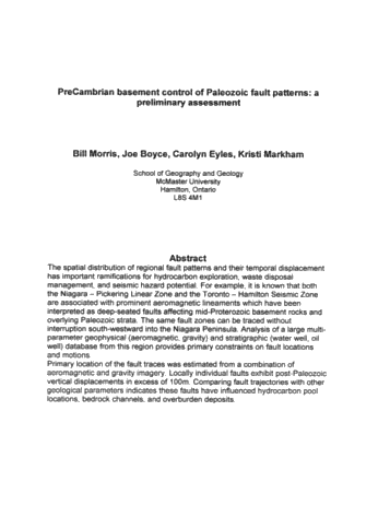 Pre-Cambrian Basement Control of Paleozoic Fault Patterns: A Preliminary Assessment Page 1