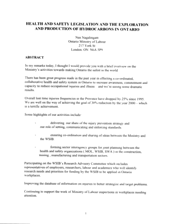 Health and Safety Legislation and the Exploration and Production of Hydrocarbons in Ontario Page 1