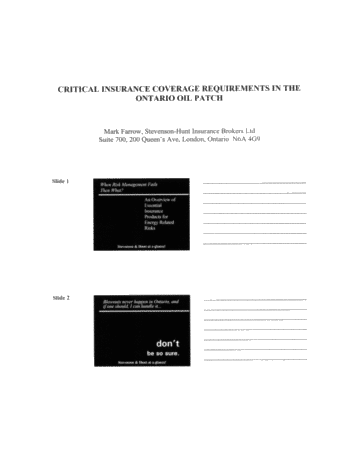 Critical Insurance Coverage Requirements in the Ontario Oil Patch Page 1