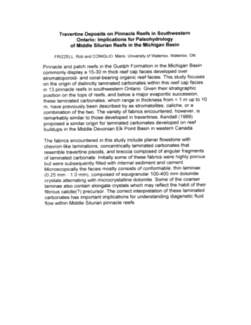 Travertine Deposits on Pinnacle Reefs in Southwestern Ontario: Implications for Paleohydrology of Middle Silurian Reefs in the Michigan Basin Page 1