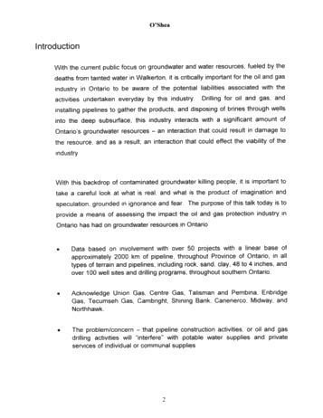 Groundwater Interference Issues Related to Natural Gas Pipeline Construction Programs and Oil and Gas Drilling Programs: Seven Years of Assessment Page 2