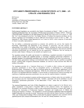 Ontario's Professional Geoscientists Act: An Update and Perspective Page 1