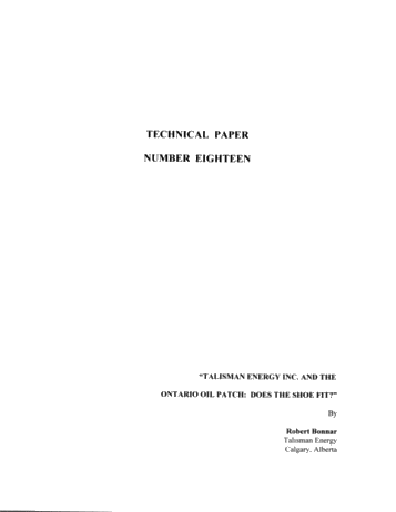 Talisman Energy Inc. and the Ontairo Oil Patch: Does the Shoe Fit? Page 1