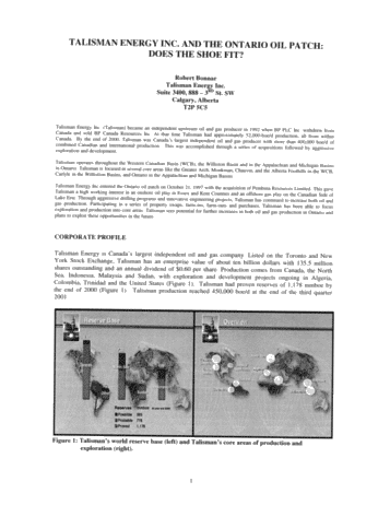 Talisman Energy Inc. and the Ontairo Oil Patch: Does the Shoe Fit? Page 1