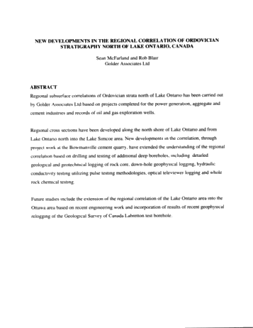 New Developments in the Regional Correlation of Ordovician Stratigraphy North of Lake Ontario, Canada Page 1