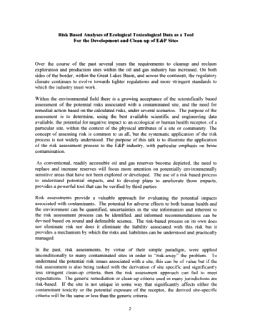 Risk Based Analysis of Ecological and Human Health Toxicological Data as a  Tool for the Development and Clean Up of E and P Sites. Page 2