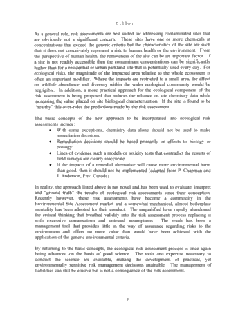 Risk Based Analysis of Ecological and Human Health Toxicological Data as a  Tool for the Development and Clean Up of E and P Sites. Page 3