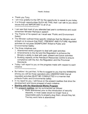 An Update on Working in Ontario's Oil and Gas Industry With Respect to Regulation and Staffing of the PRC Page 1