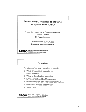 Professional Geoscience in Ontario - An Update From APGO Page 1