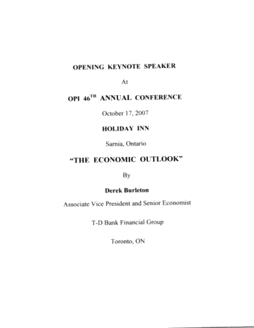 Opening Keynote Speaker - The Economic Outlook Page 1