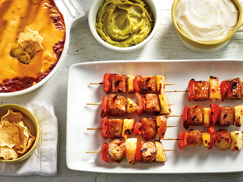 Some of our favorite grill-topper recipes are these Buffalo Grilled Chicken Breasts, our Sideline Sausage Skewers, and the classic Game Time Sliders.