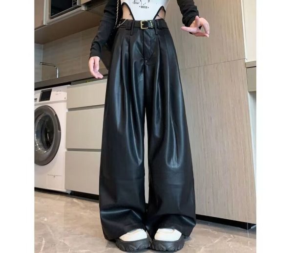 Vintage Brown Pleated PU Leather Pants Women's Clothing - Image 8