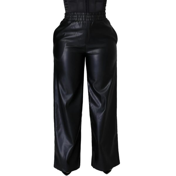 Solid Color Loose Wide Leg Pocket PU Leather Pants - Image 3