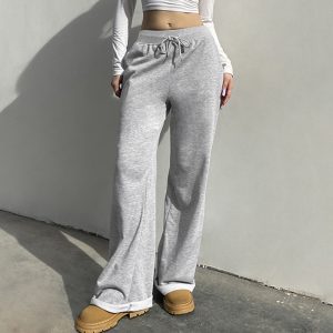 American Style Solid Color Elastic Lace Straight Sweater Pants